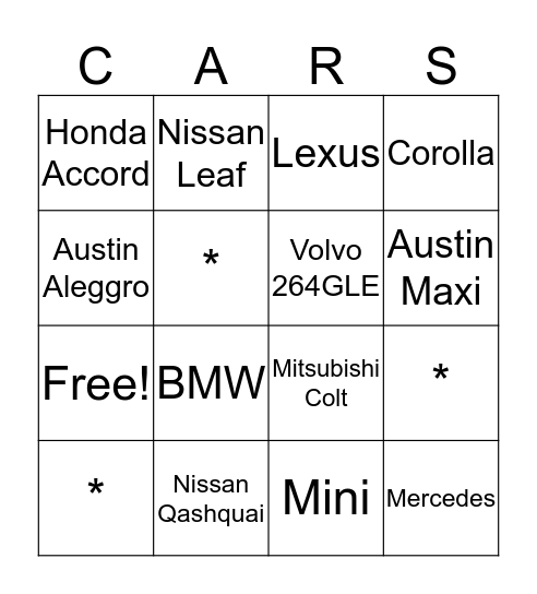 Bubby and Zaidy's Cars Bingo Card