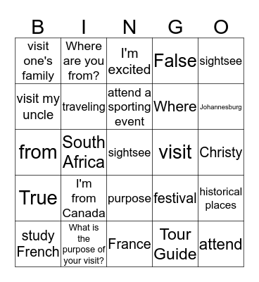 Class G  Unit 1 Bingo Card