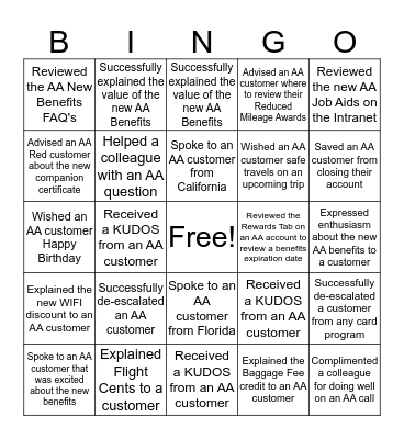 American Airlines New Benefits BINGO Card