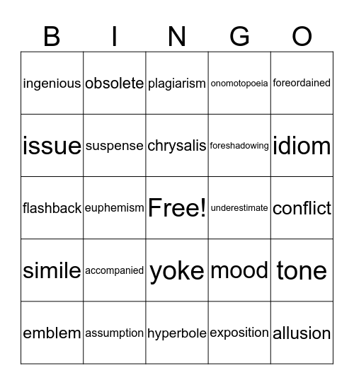 English I Bingo Card