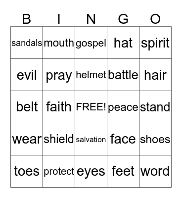 Armor of God Bingo Card