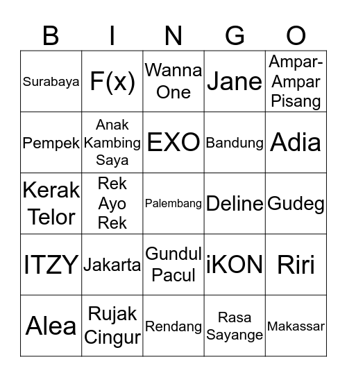 kayenadia Bingo Card