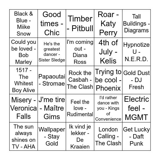 Liedjesbingo O&N 2013 Bingo Card
