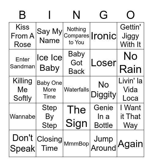 Music Bingo 90's Bingo Card