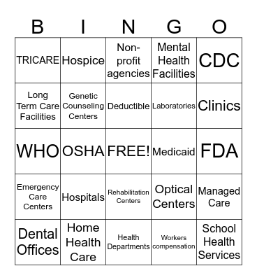 Health Care Systems Bingo  Bingo Card