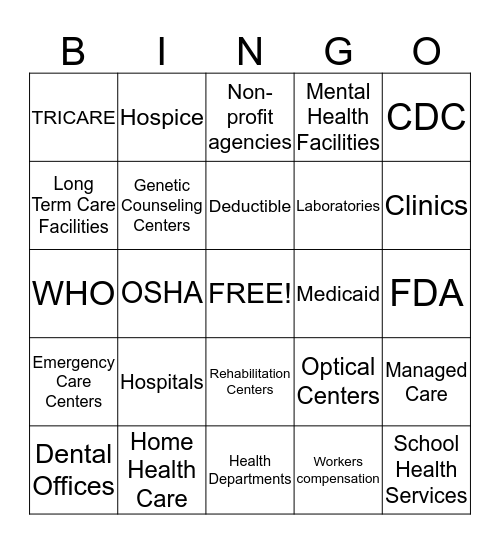 Health Care Systems Bingo  Bingo Card