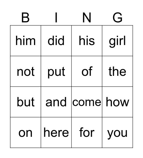 SNAP WORD BINGO Card