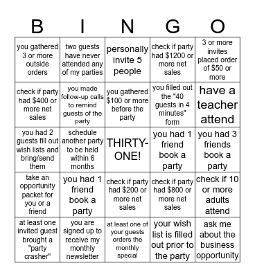 Thirty-One  Bingo Card