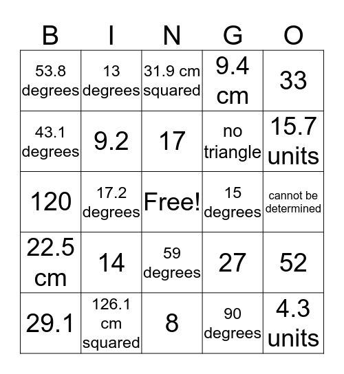 Law of Sine Bingo Card