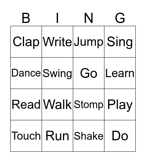 Actions Bingo Card