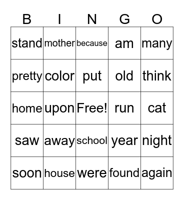 Sight Word Bingo Card