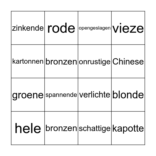 Bijvoeglijk naamwoorden bingo Card