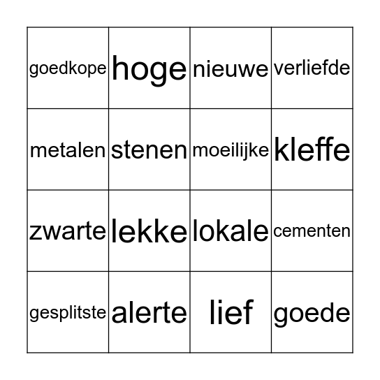Bijvoeglijk naamwoorden bingo Card
