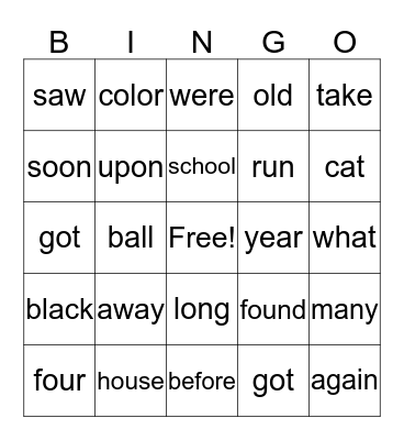Sight Word Bingo Card