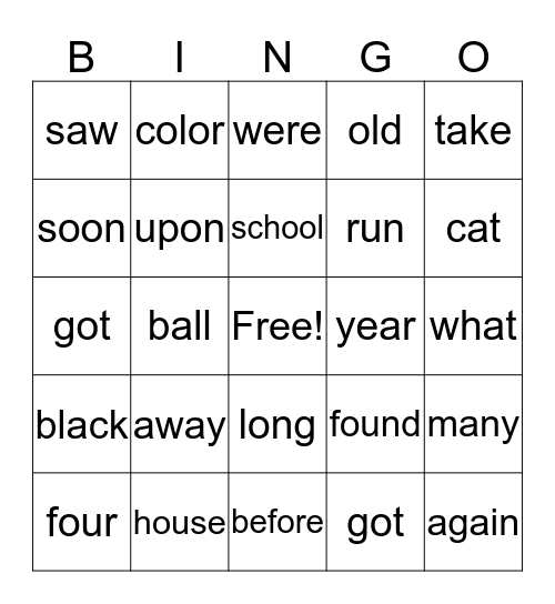 Sight Word Bingo Card