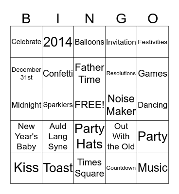 New Year's Eve Bingo Card