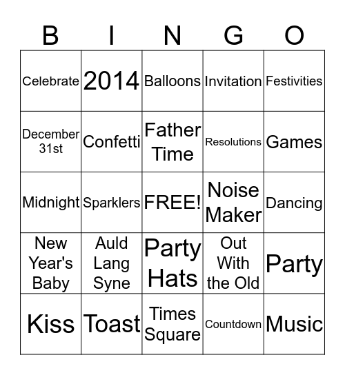 New Year's Eve Bingo Card