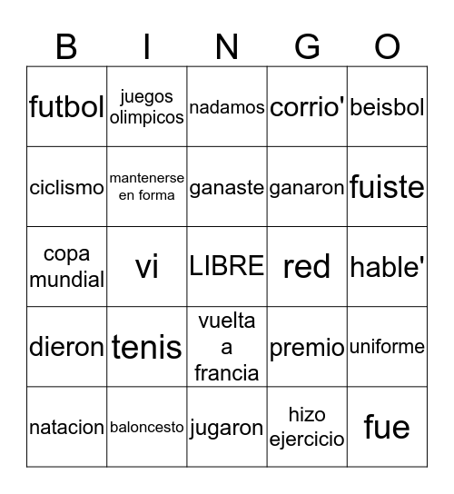 Deportes y el Preterito Bingo Card