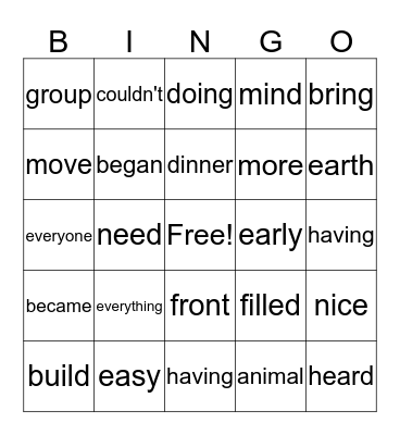 Sight Word Bingo Card