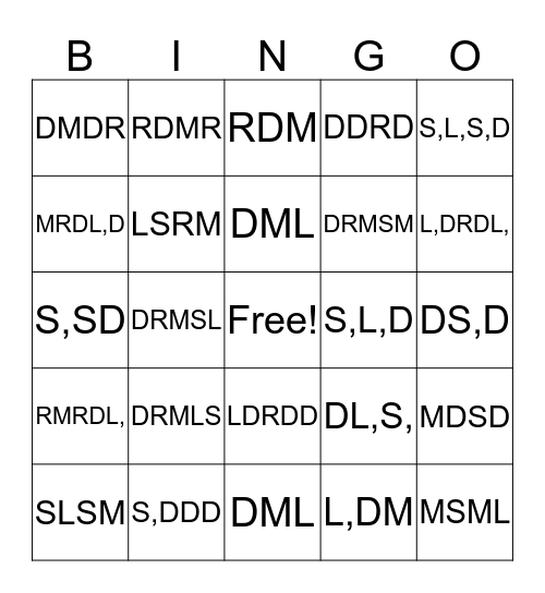 S, L, D R M S L Bingo Card
