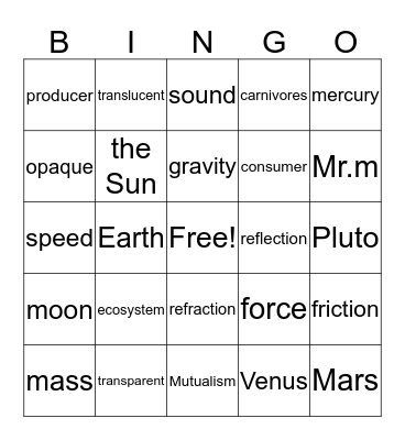 science bingo Card