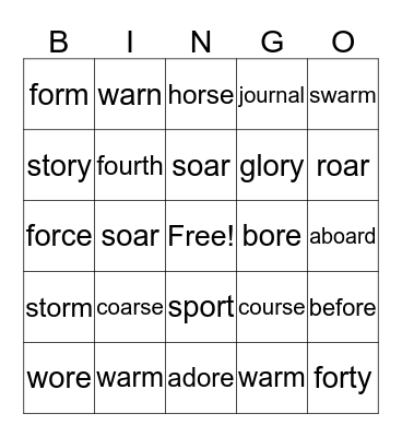 or, ore, our, oar, ar Bingo Card