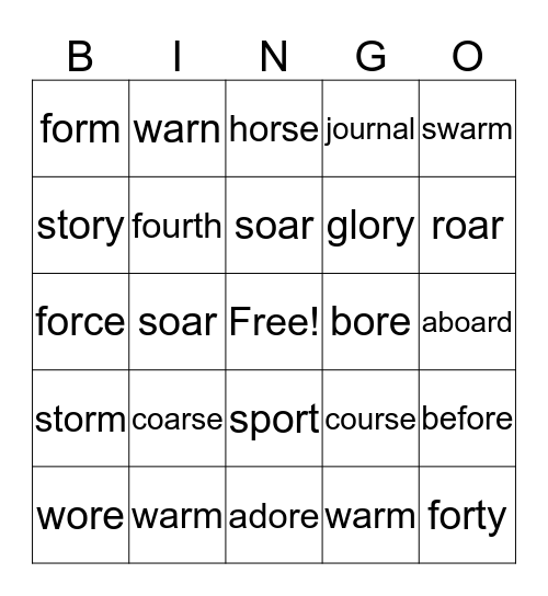 or, ore, our, oar, ar Bingo Card