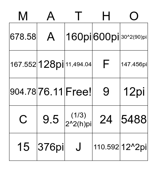 Volume of Curved Surfaces Bingo Card