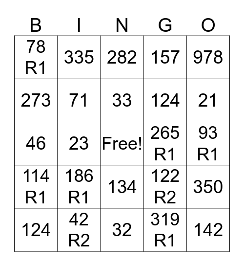 division bingo Card