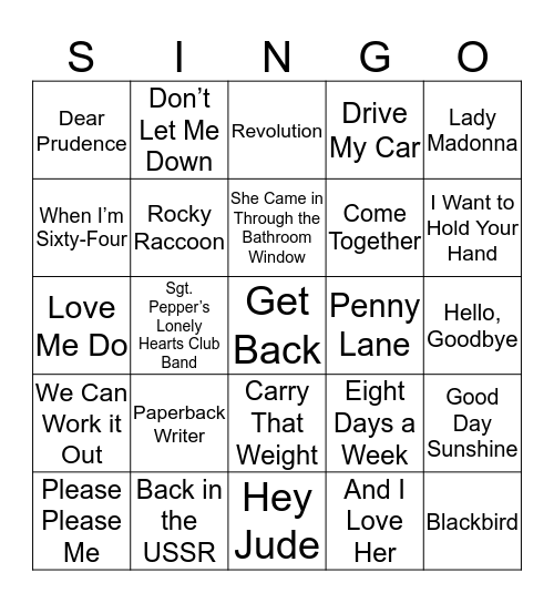 RINGO SINGO Bingo Card