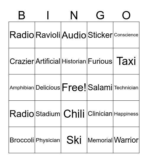 Power Word Bingo Card