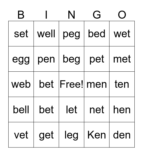 Short e Bingo Card