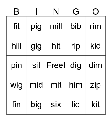 Short i Bingo Card