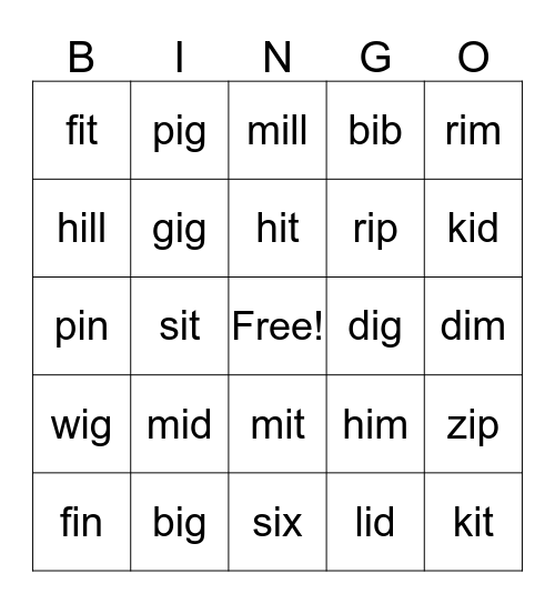 Short i Bingo Card