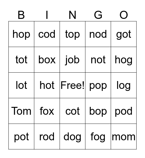 Short o Bingo Card