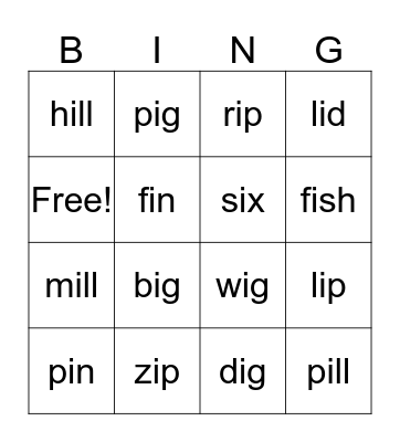 Short i Bingo Card