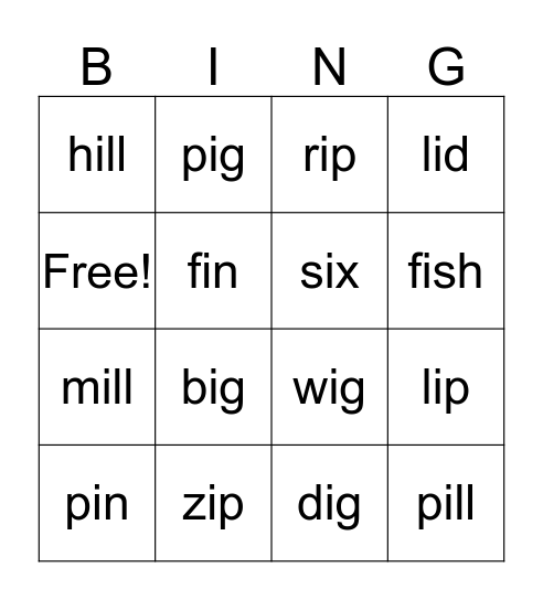 Short i Bingo Card