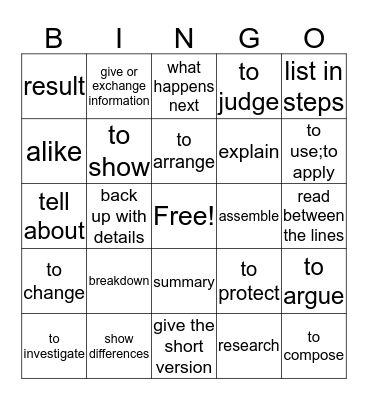 Assessment Vocabulary Bingo Card