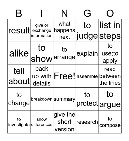 Assessment Vocabulary Bingo Card