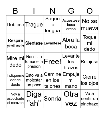 Medical Spanish Commands Bingo Card