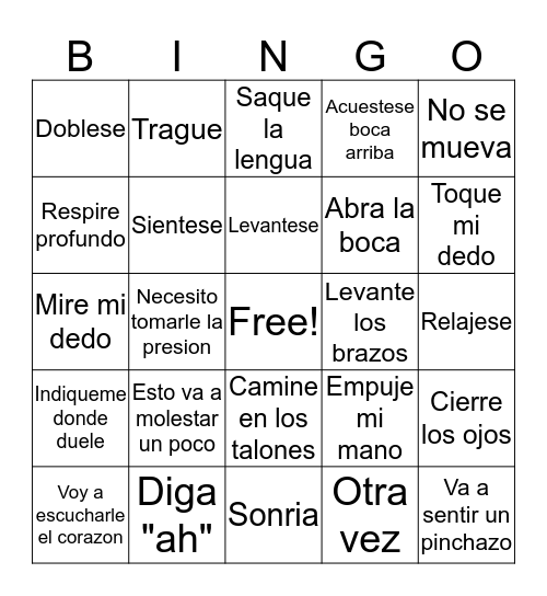 Medical Spanish Commands Bingo Card