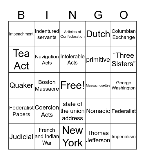 HIS103 Midterm Review Bingo Card