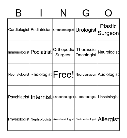 Doctors Bingo Card