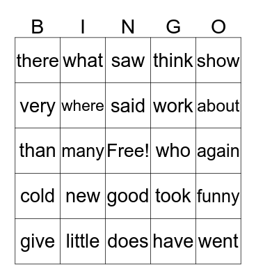 Sight Word Bingo Card