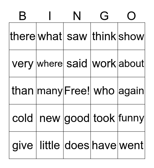Sight Word Bingo Card