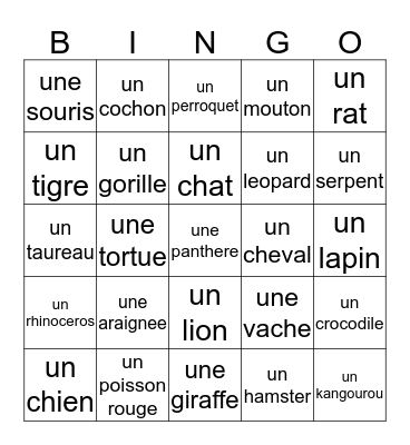 Animal Bingo Card