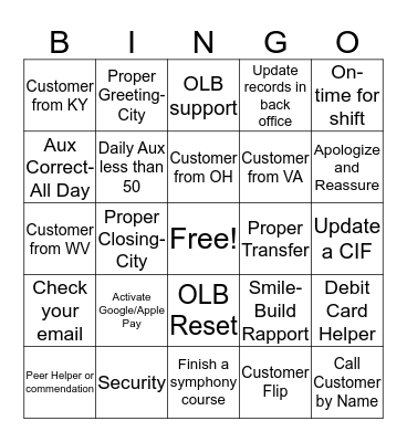 Customer Care Bingo Card