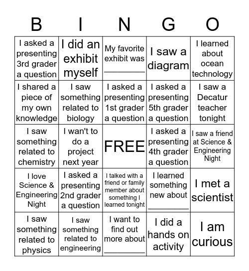 Decatur Science & Engineering Night Bingo Card