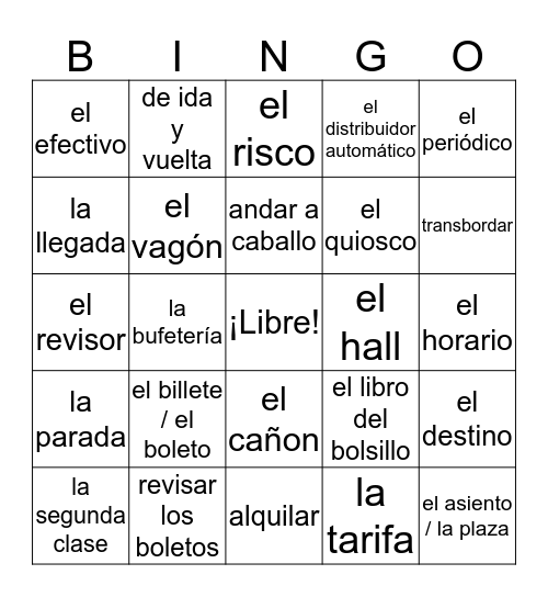 Vocabulario: En Tren Bingo Card