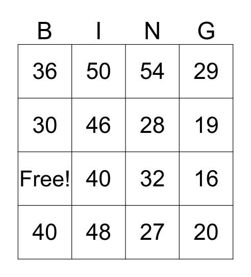 Multiplication Math Review Bingo Card